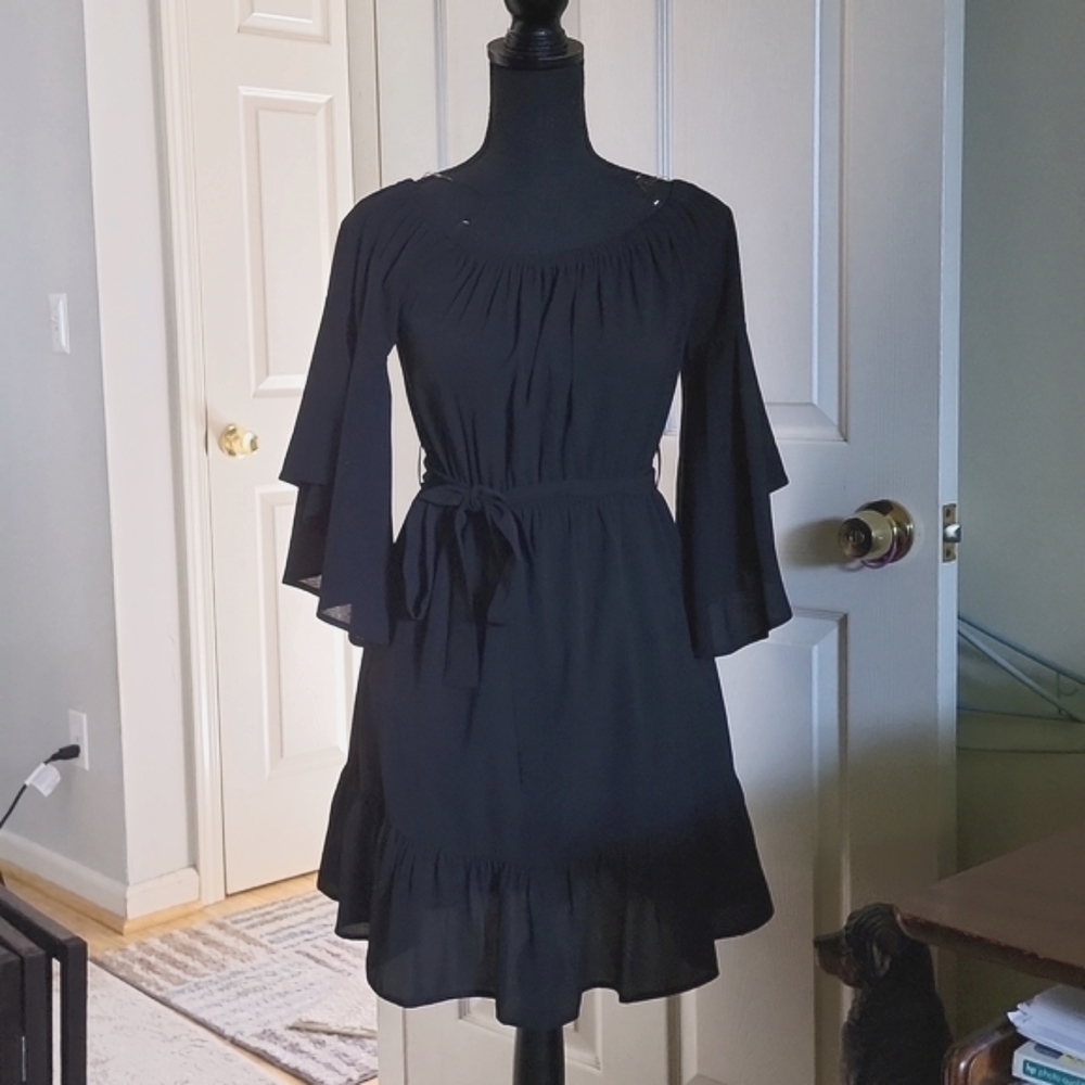 Black Midi Off-Shoulder Dress with Tie Waist
